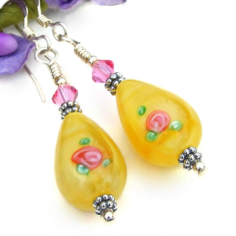 pink yellow rose flower jewelry vintage glass teardrops handmade swarovski