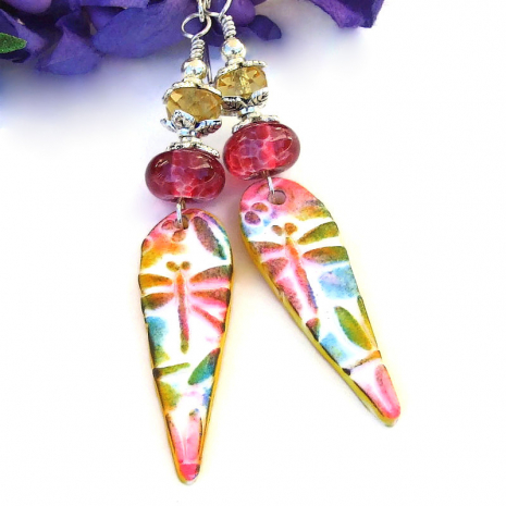 pink yellow teal polymer clay dragonfly jewelry lampwork