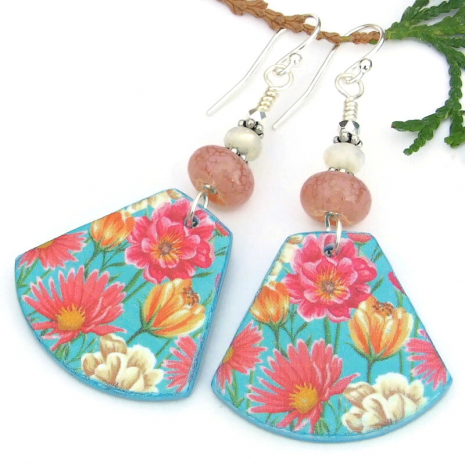 pink yellow turquoise flower earrings handmade colorful floral lampwork
