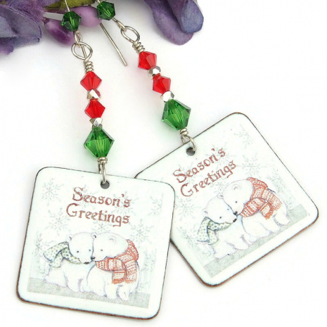 polar bear seasons greetings earrings handmade christmas swarovski crystals