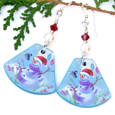 Christmas jewelry for the woman who loves unique, whimsical holiday earrings. polymer clay christmas snowman chickadee earrings lightweight