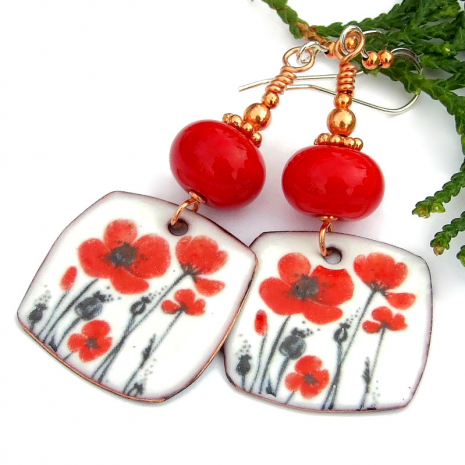 poppy earrings red white black lampwork copper Mothers Day