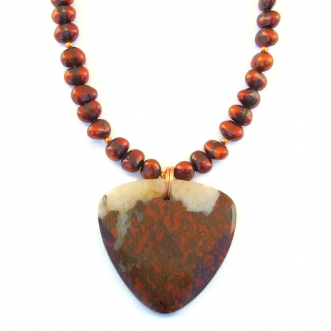 poppy jasper gemstone pendant handmade jewelry pearls gift for her