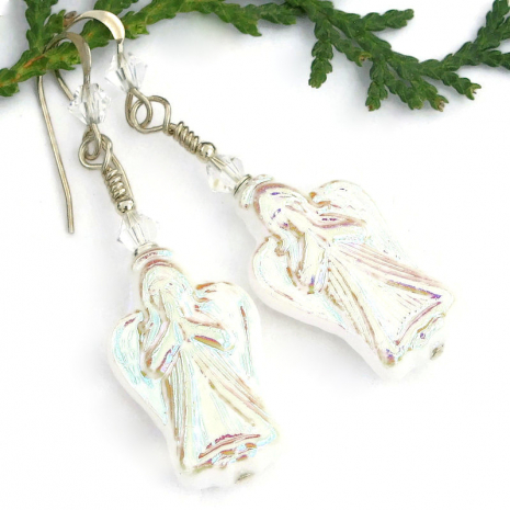 praying angels earrings handmade white aurora borealis swarovski crystals