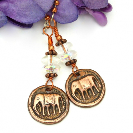 pure copper elephant dangle earrings rainbow Czech glass