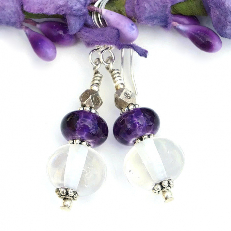 clear and purple lampwork earrings gift for women