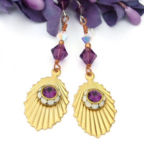 purple amethyst white opal crystal handmade earrings vintage