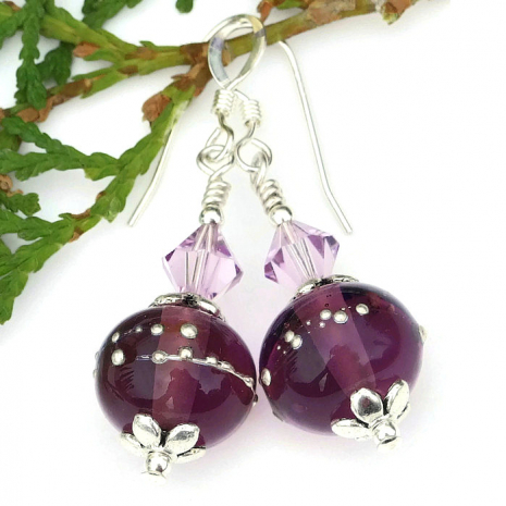 purple lampwork and crystals earrings gift for women