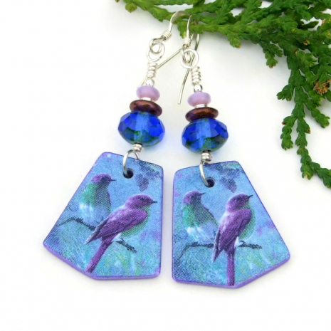 purple blue green bird earrings handmade lightweight polymer clay glass beads
