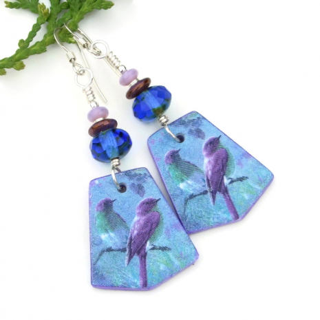 purple blue green bird jewelry handmade lightweight polymer clay glass beads