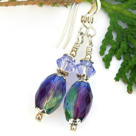 purple blue green handmade earrings swarovski crystals