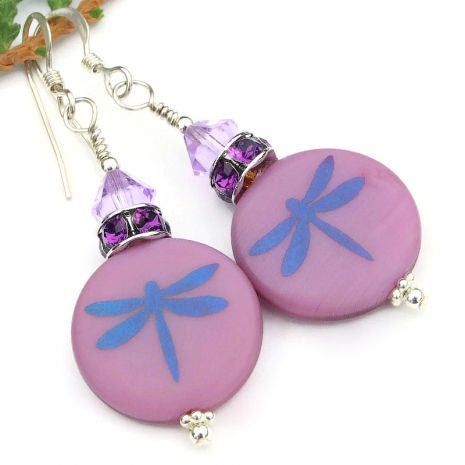 purple dragonfly earrings handmade jewelry laser etched swarovski crystals