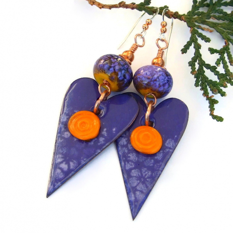 purple hearts orange flowers earrings valentines day enamel lampwork