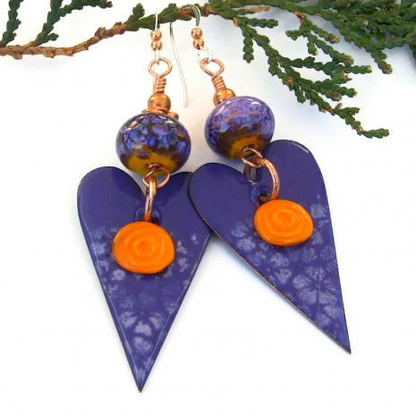 purple hearts orange flowers jewelry valentines day enamel lampwork