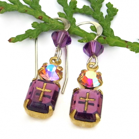 purple intaglio cross earrings handmade jewelry crystals