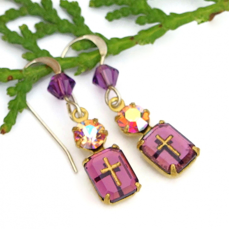 purple intaglio cross jewelry handmade earrings crystals