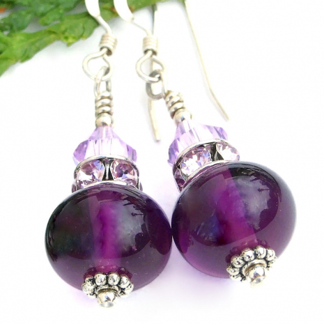 purple lampwork handmade earrings lavender swarovski crystals fashion jewelry