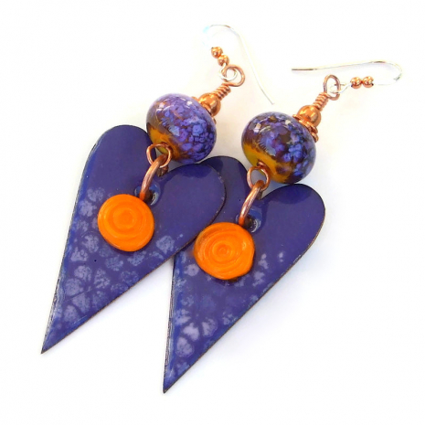 Purple Heart Earrings Orange Flower Enamel Handmade Valentines Jewelry ...
