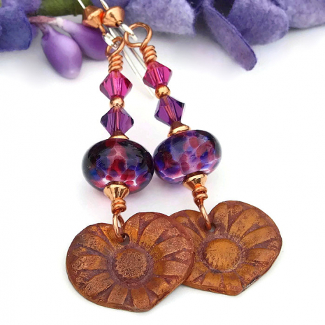 purple pink and copper daisy flower earrings for her