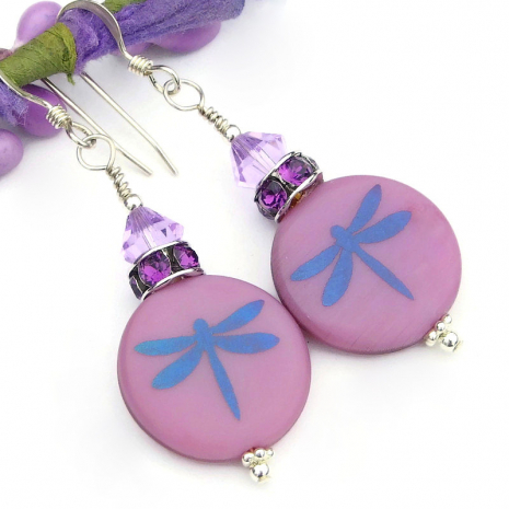 purple silk dragonfly earrings laser etched swarovski crystals handmade