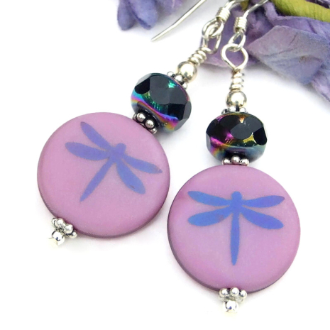 purple silk dragonfly earrings laser etched two sided aurora borealis