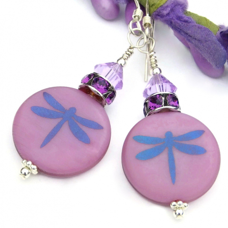 purple silk dragonfly jewelry laser etched swarovski crystals handmade