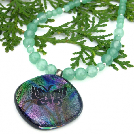 rainbow butterfly dichroic pendant jewelry with green aventurine