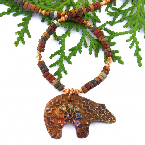 rainbow chakra spirit bear necklace with red creek jasper gift for her