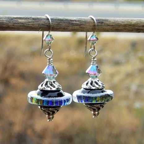 rainbow dichroic black glass earrings gift for women