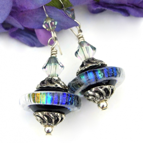 rainbow earrings saturn flying saucer dichroic black lampwork