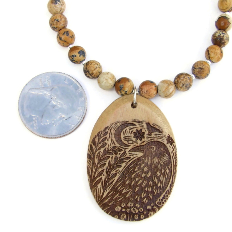 raven crow moon flower wood burned pendant jewelry handmade picture jasper