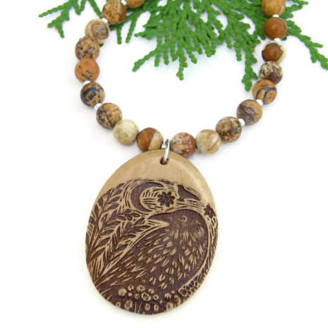 raven crow moon flower wood burned pendant necklace handmade picture jasper