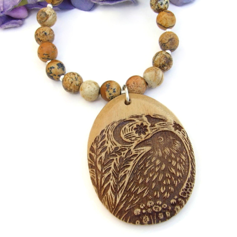 raven lover handmade necklace crow wooden pendant picture jasper