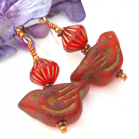 red and copper glass bird  jewelry