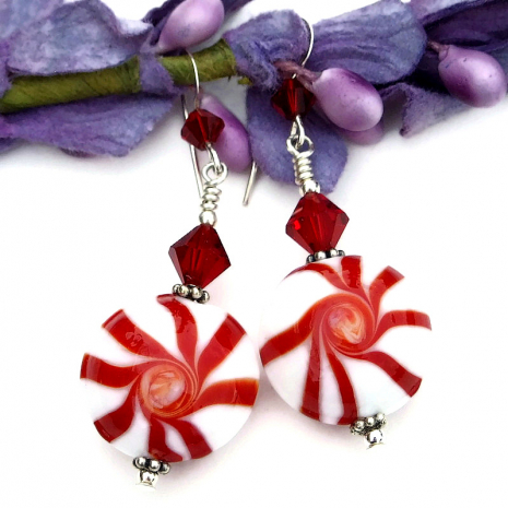 red and white peppermint candy handmade earrings