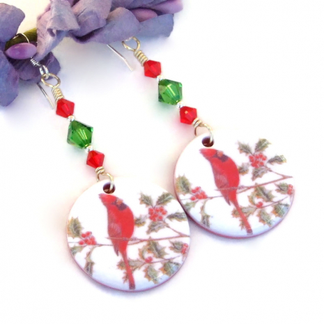red bird cardinal christmas earrings jewelry swarovski crystals