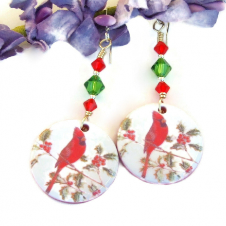 red bird cardinal christmas jewelry holiday earrings swarovski crystals