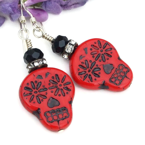 red black day of the dead sugar skull halloween earrings handmade crystals onyx