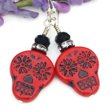 red black day of the dead sugar skull halloween jewelry handmade crystals onyx