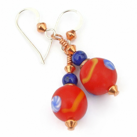 red blue yellow java glass earrings gift for women