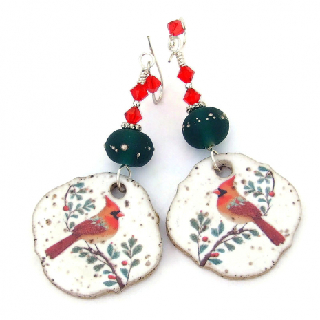 red cardinal christmas earrings handmade gift for women