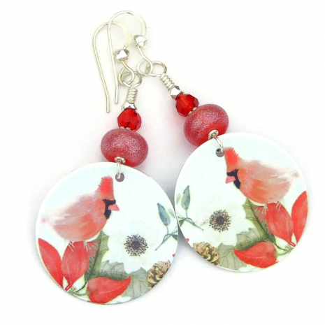red cardinal christmas holiday earrings handmade gift for her