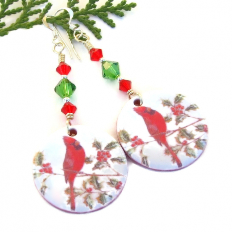 red cardinal christmas holidays jewelry red green swarovski crystals