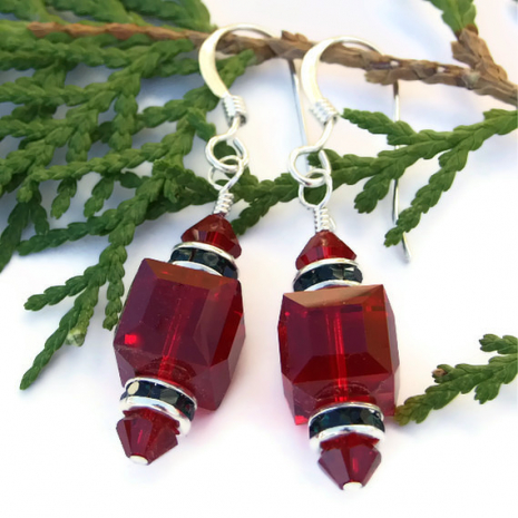 holiday christmas red and green swarovski crystal earrings