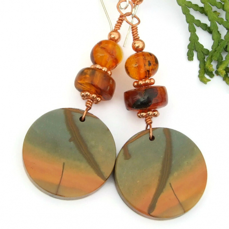 red creek jasper amber handmade earrings copper gemstones