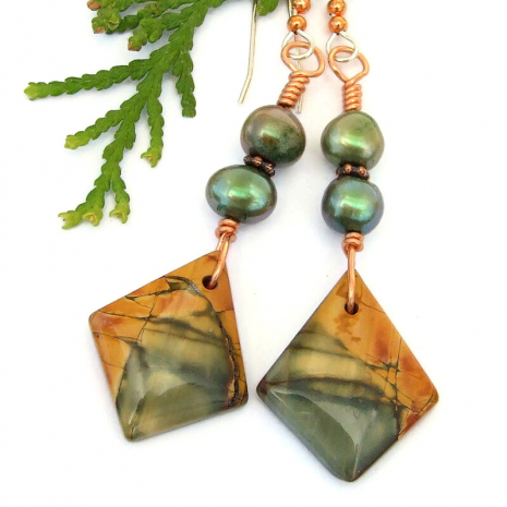 red creek jasper handmade gemstone earrings green pearls copper