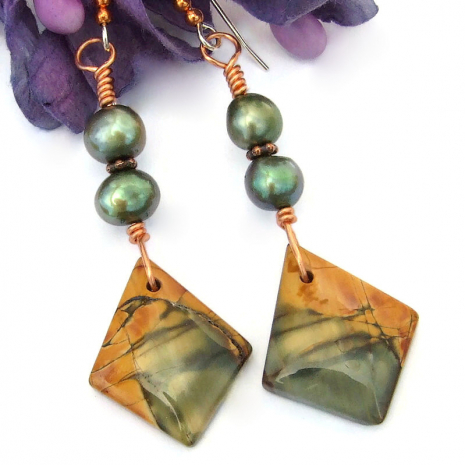 red creek jasper kite dangle handmade earrings pearls copper