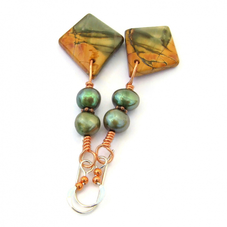 red creek jasper kite dangle jewelry handmade pearls copper
