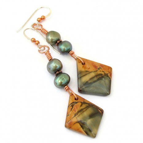 red creek jasper pearls earrings handmade gemstone jewelry