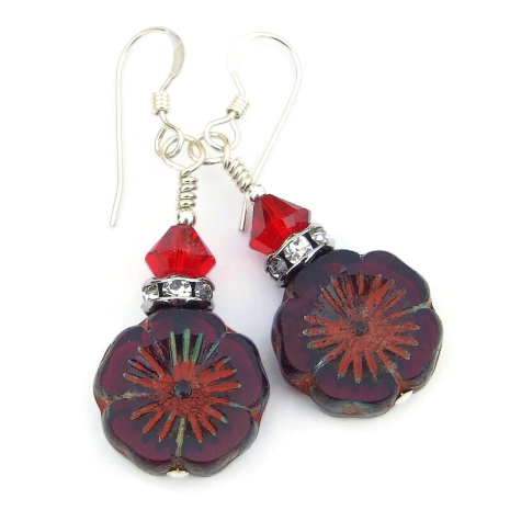 red flower earrings handmade gift for her